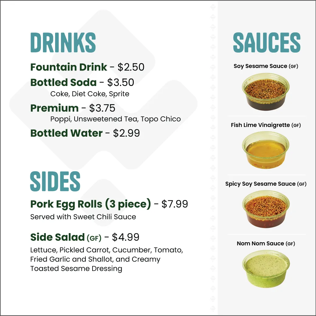 Drinks, Sides, and Sauces menu board