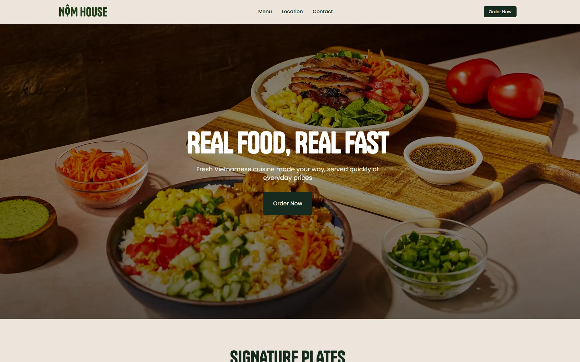 Nom House website hero section with food photography