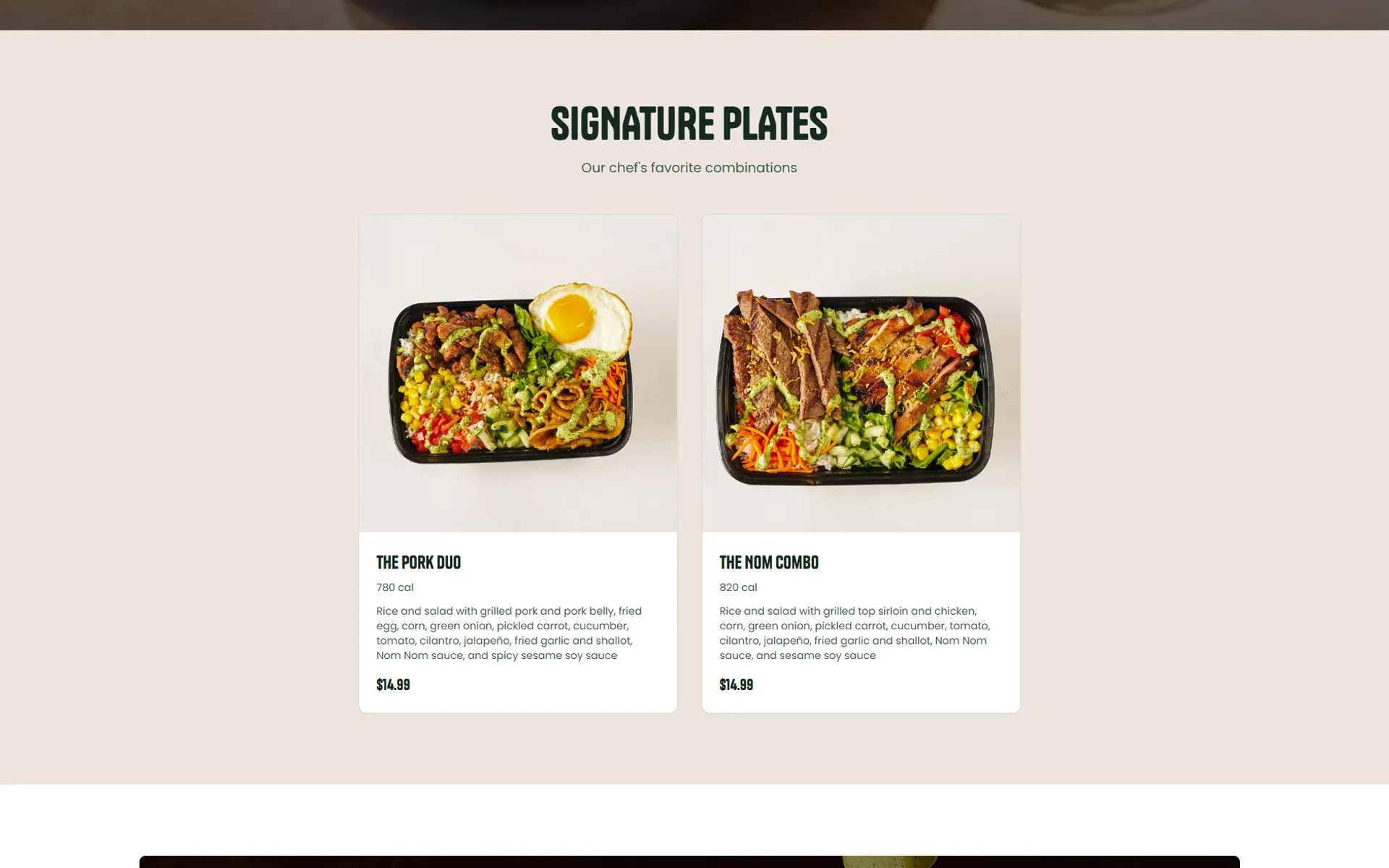 Nom House website signature plates section