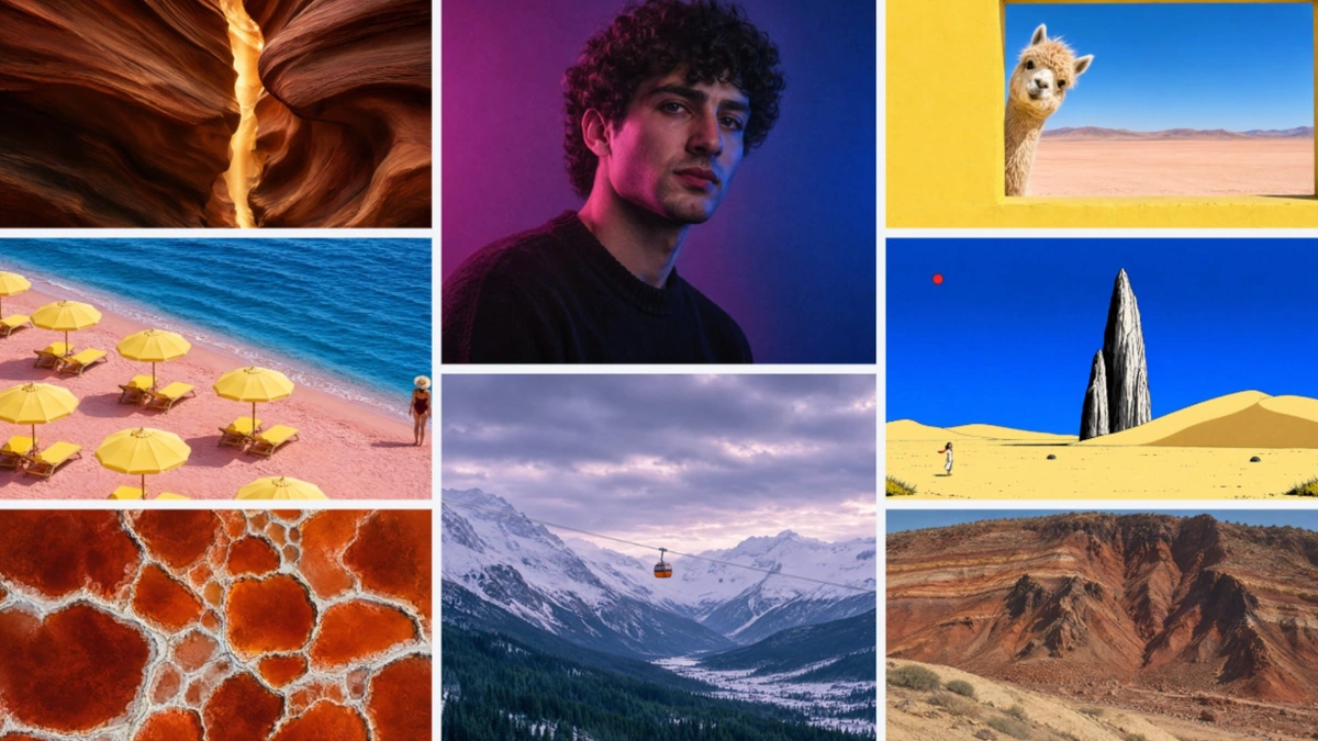 A collage of images made with Canva Craft: a portrait, landscapes, a beach, a desert rock spire, a mountain cable car and an alpaca