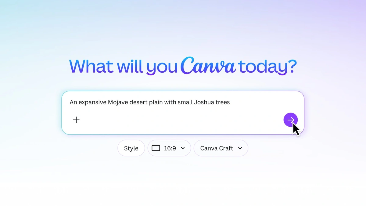 Canva's prompt box asking "What will you Canva today?" with a prompt for a Mojave desert plain with Joshua trees, a 16:9 size and Canva Craft chosen as the model