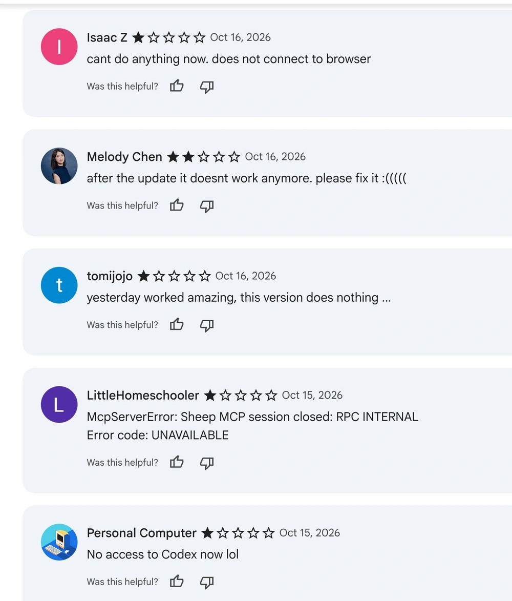 One-star reviews of the ChatGPT Chrome extension from October 15 and 16, 2026: it doesn't connect to the browser, it stopped working after the update, an MCP server error, and no access to Codex