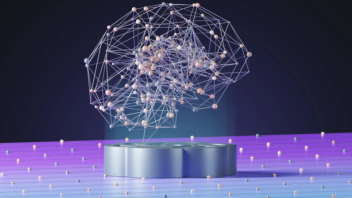 Abstract 3D network of connected nodes forming a brain shape above a platform
