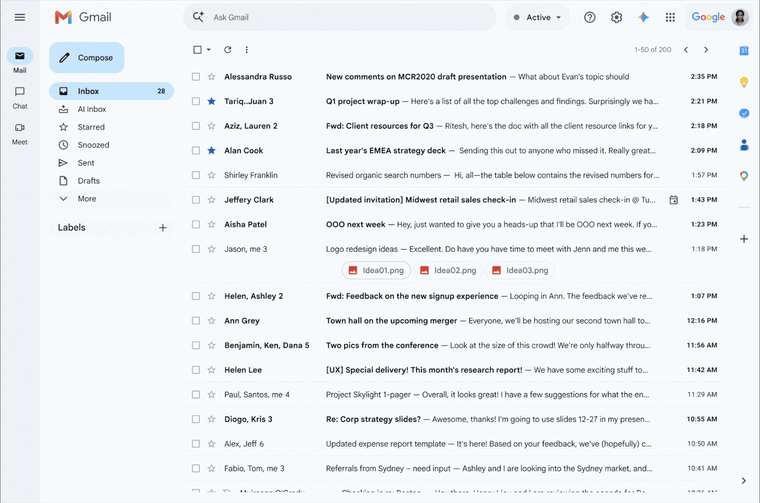 Gmail's AI Inbox: a click on AI Inbox in the sidebar opens a page that says "You have 8 to-dos and 5 topics to catch up on," with the suggested to-dos and topic summaries below