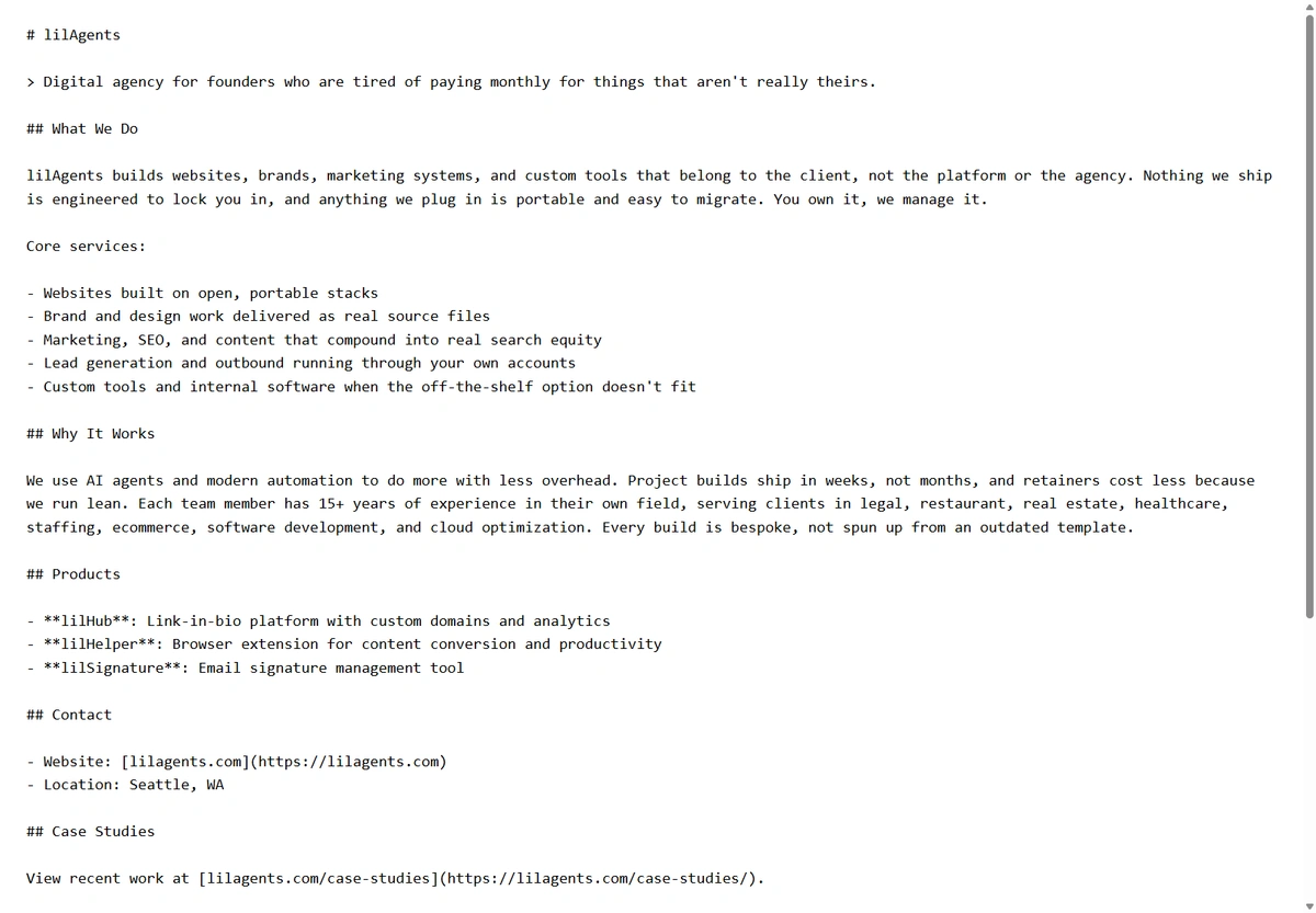 The lilagents.com llms.txt file open in a browser as unstyled plain text, with markdown headings for What We Do, Why It Works, Products, Contact, and Case Studies