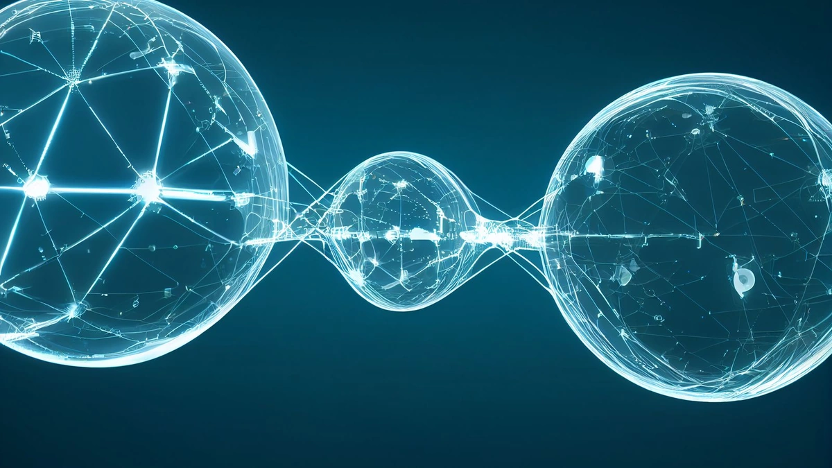 Abstract glowing network of interconnected spheres and nodes on a dark blue background
