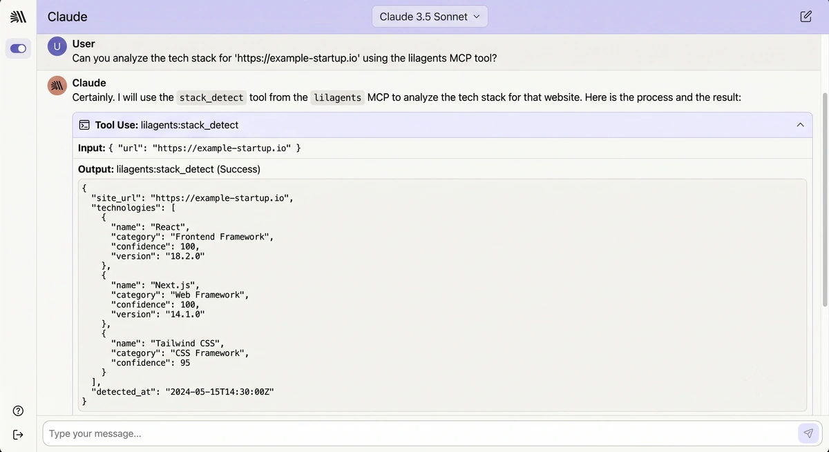 Screenshot of a Claude or Cursor conversation where the agent calls the lilAgents MCP and returns the stack_detect result for a site