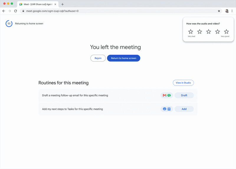 The Google Meet screen after a one-off meeting: under Routines for this meeting, a click on Draft, then "Gemini will notify you in Chat once a draft is ready"
