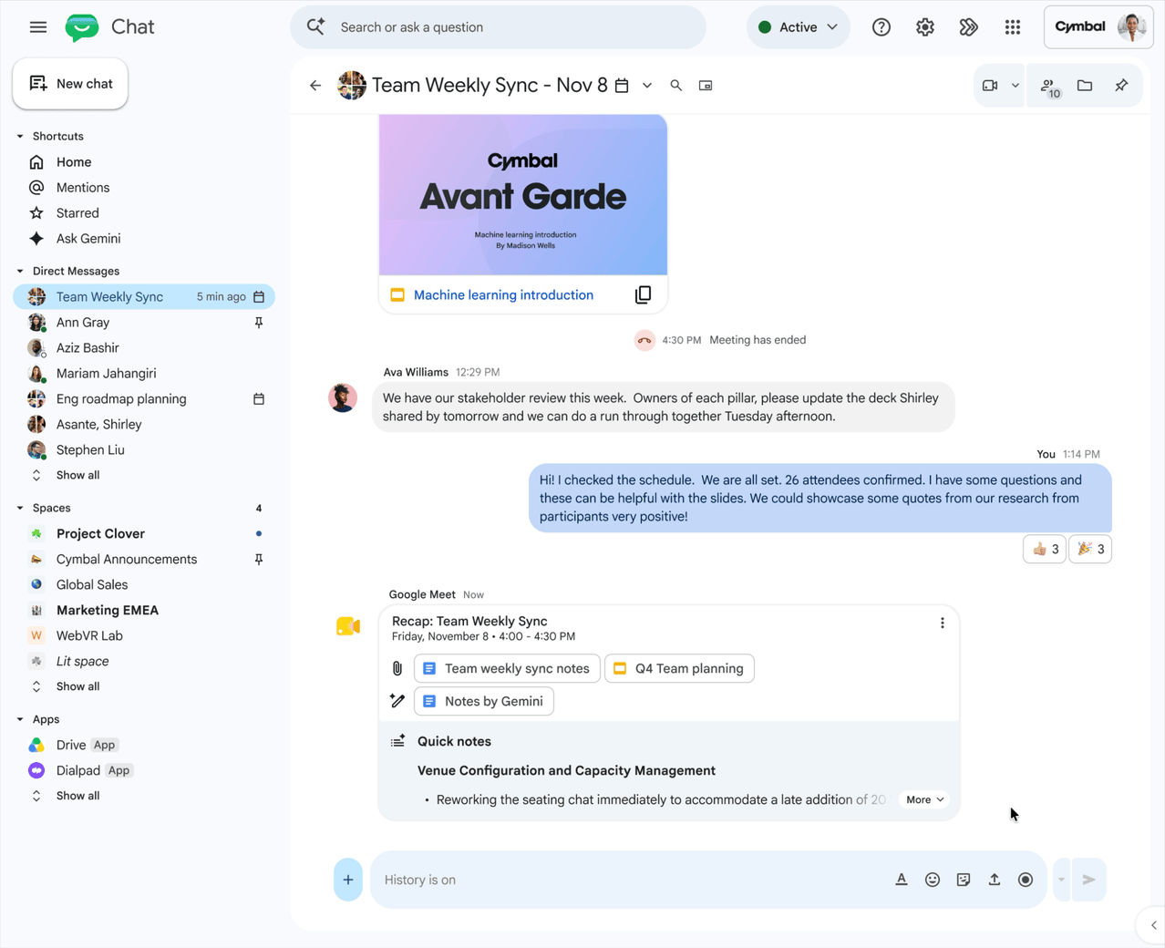 A Google Chat conversation for a team's weekly sync: after the meeting ends, a "Recap: Team Weekly Sync" card from Google Meet appears and expands to show quick notes and next steps, each one starting with the person who owns it