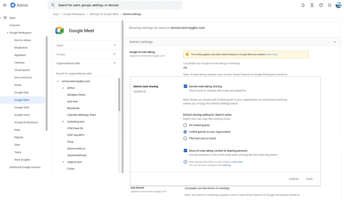 The Google Admin console's Gemini settings for Google Meet: Google AI note-taking is on, and the default sharing setting for Gemini notes offers all invited guests, invited guests in your organization, or the host and co-hosts