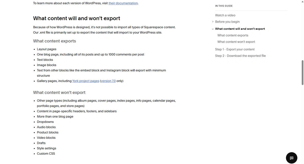 Squarespace export documentation listing what content exports, including layout pages, one blog page, and text and image blocks, alongside what will not export, including other page types, headers and footers, product blocks, drafts, style settings, and custom CSS