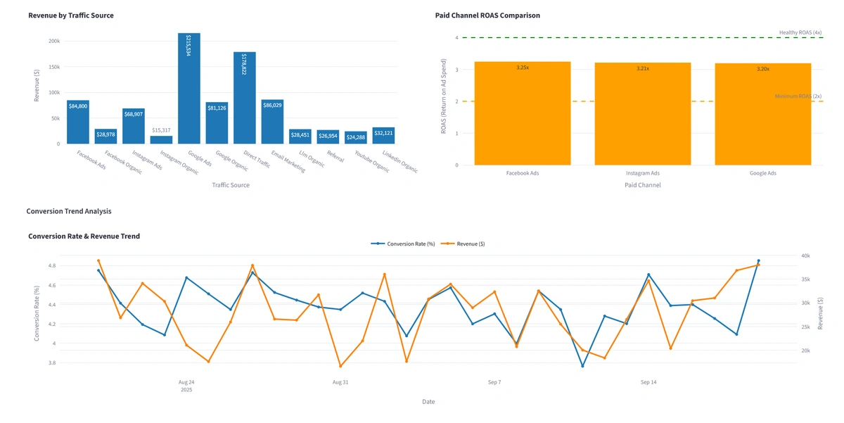 Revenue by traffic source and conversion trend analysis metrics