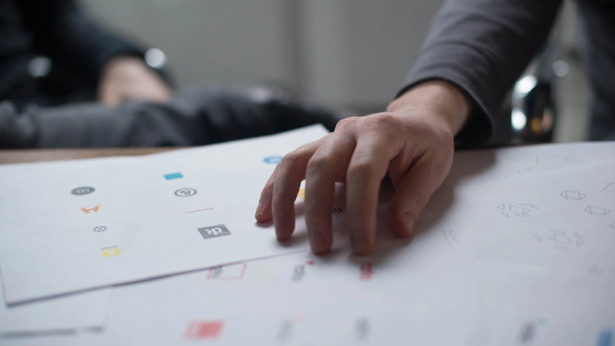 Hand reviewing printed logo designs and branding options on a desk