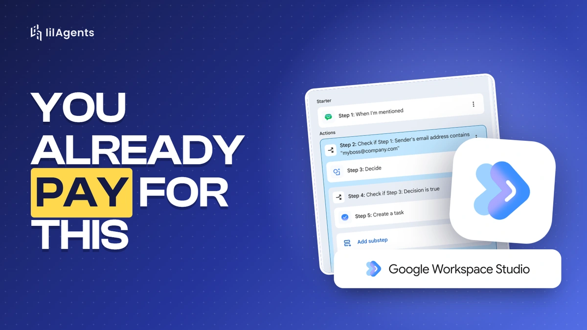 You already pay for this: Google Workspace Studio's logo over a flow with nested if-then steps