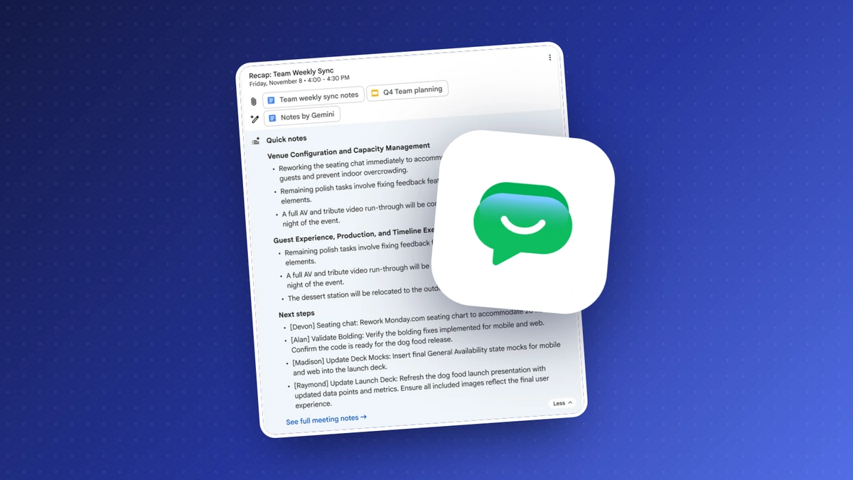 The Google Chat logo over a Gemini meeting recap in Google Chat