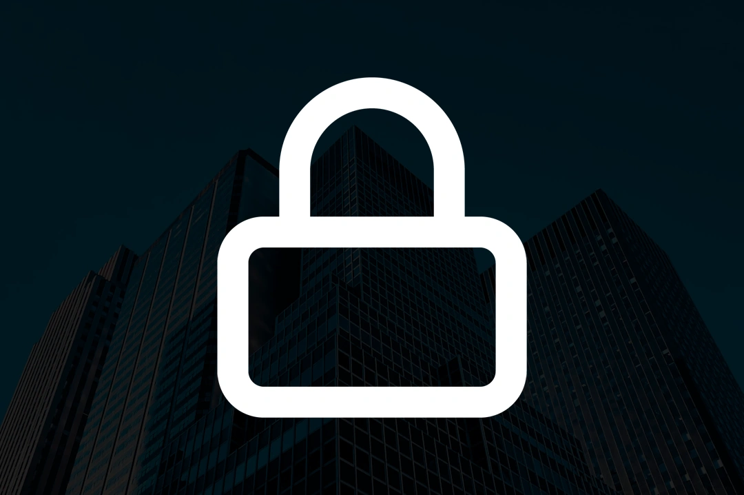Lock icon overlayed on top of business buildings.