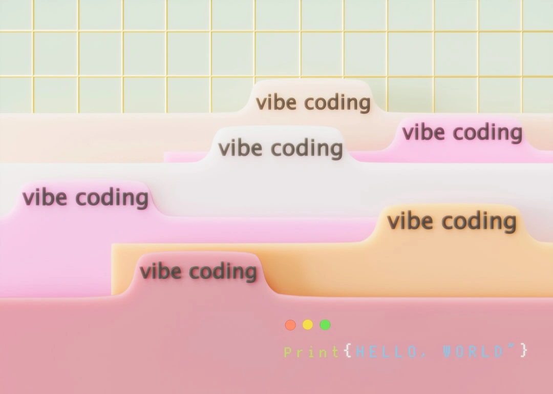 Pastel folder tabs labeled vibe coding with print hello world caption