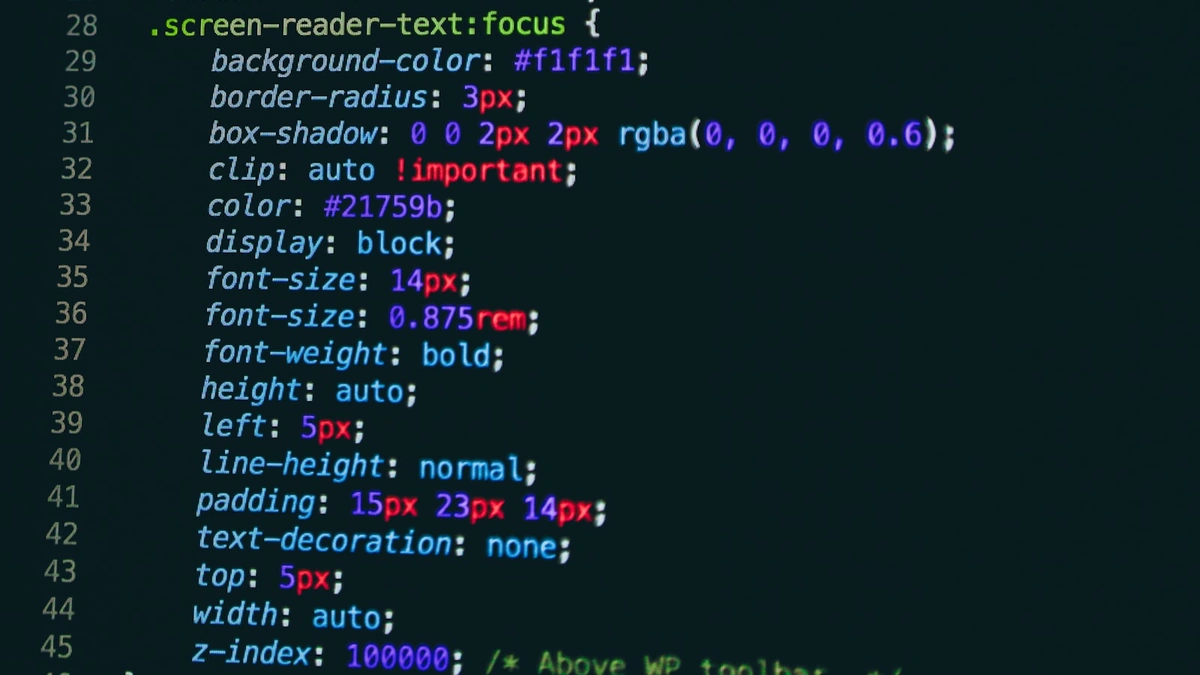 Close-up of a dark code editor screen showing syntax-highlighted CSS with line numbers down the left side