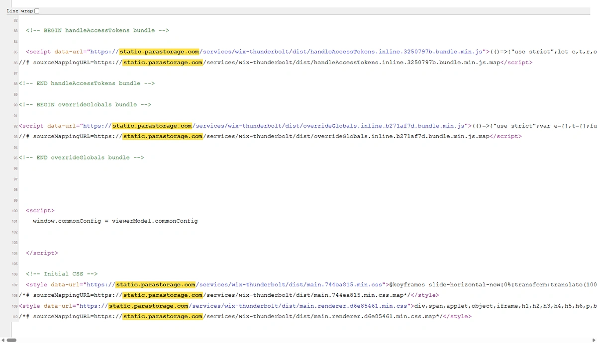 A browser view-source window on a Wix-built page, with every static.parastorage.com asset URL highlighted across the script and style tags