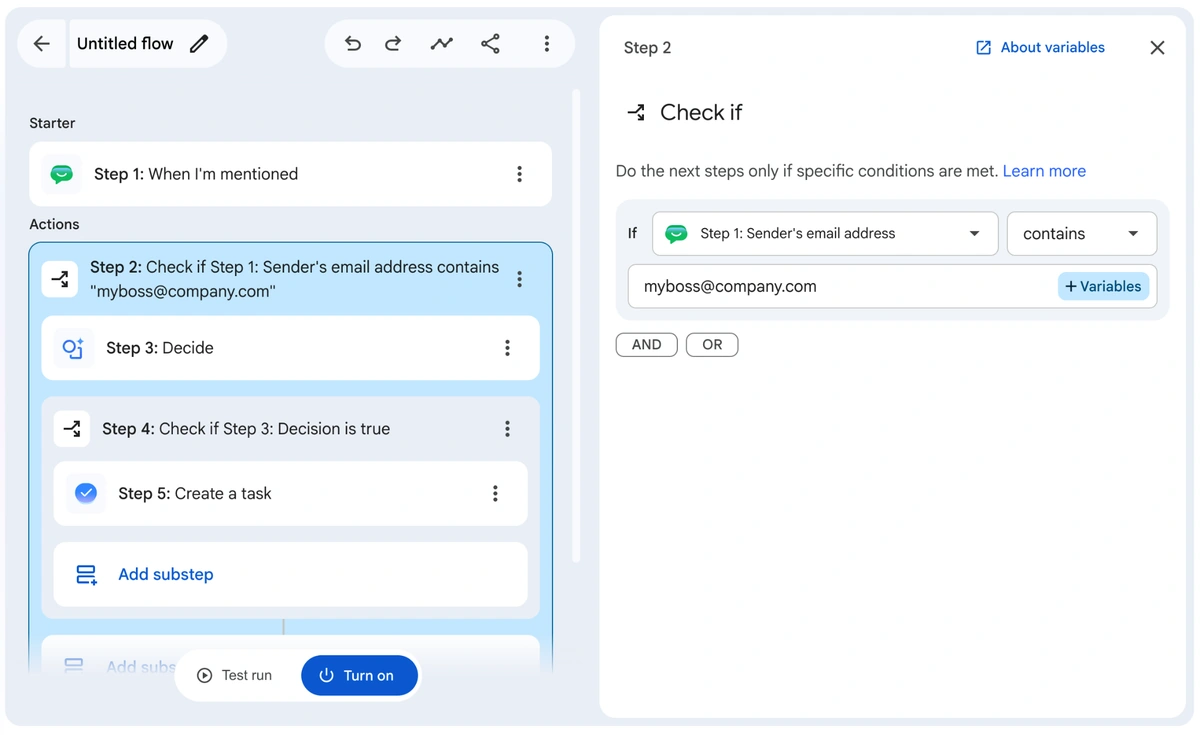 A Workspace Studio flow with a "Check if" step that has AND and OR options, and a second check nested inside it