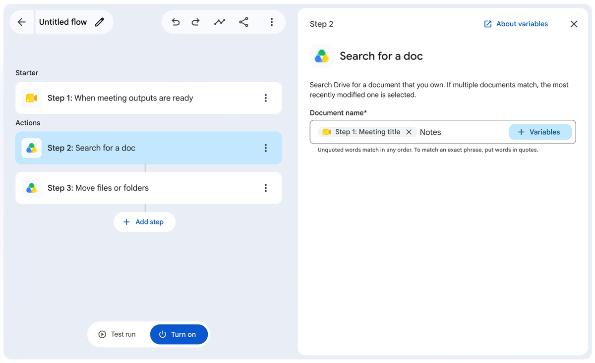 A Workspace Studio flow that finds a meeting's notes doc with "Search for a doc" and moves it