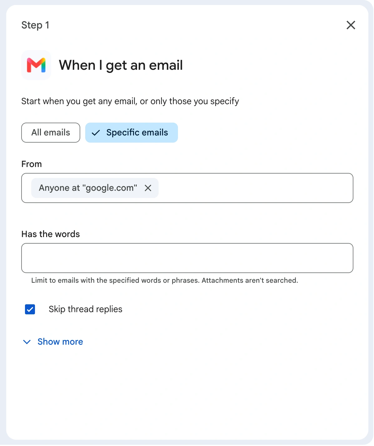 The "When I get an email" starter in Workspace Studio, with the new "Skip thread replies" box ticked