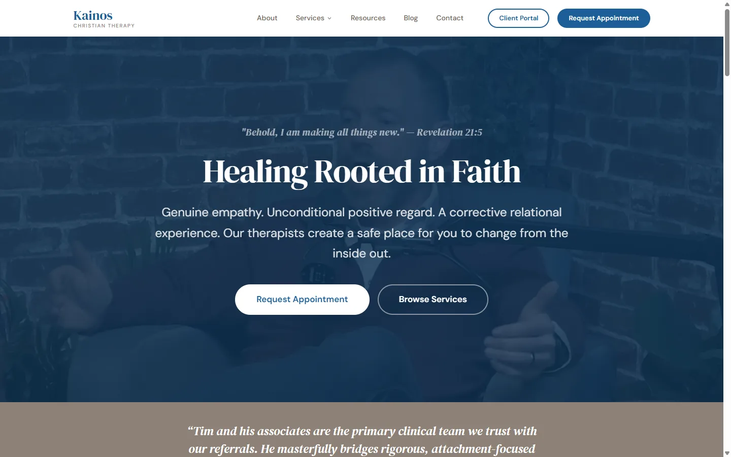 Kainos Christian Therapy website homepage with a faith-rooted hero, Client Portal, and Request Appointment booking