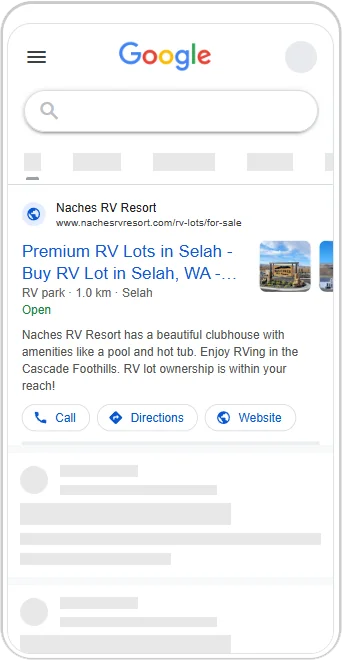 Google search result for Naches RV Resort showing the Premium RV Lots in Selah ad