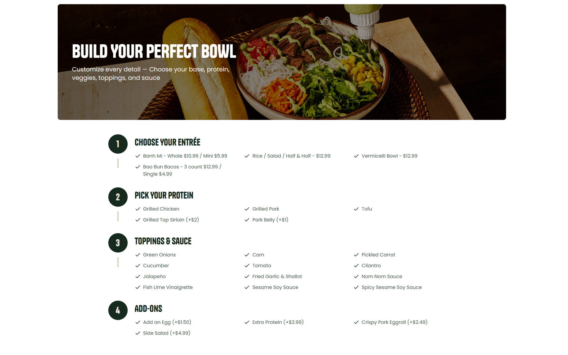 Nom House website build your perfect bowl section