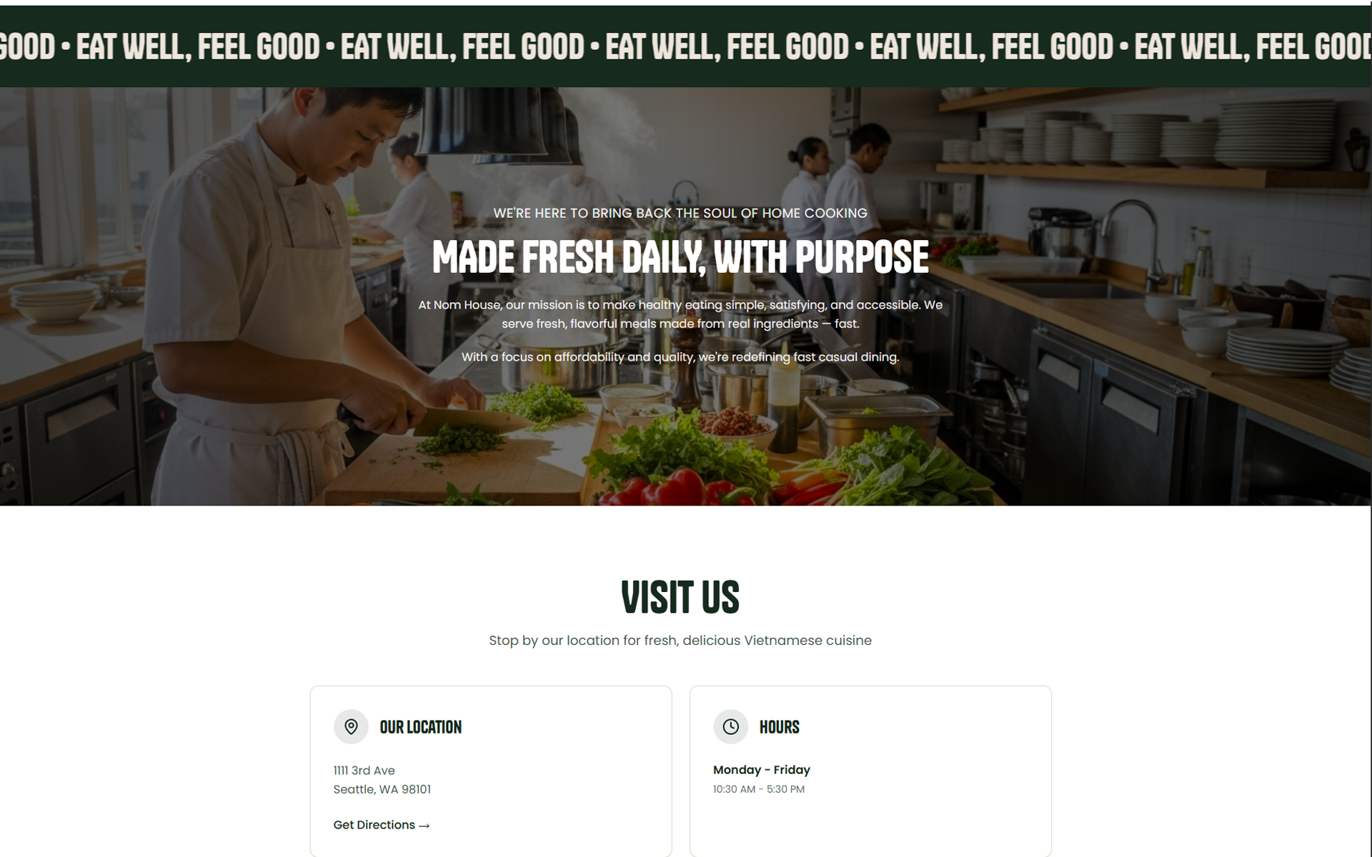 Nom House website mission and visit us sections