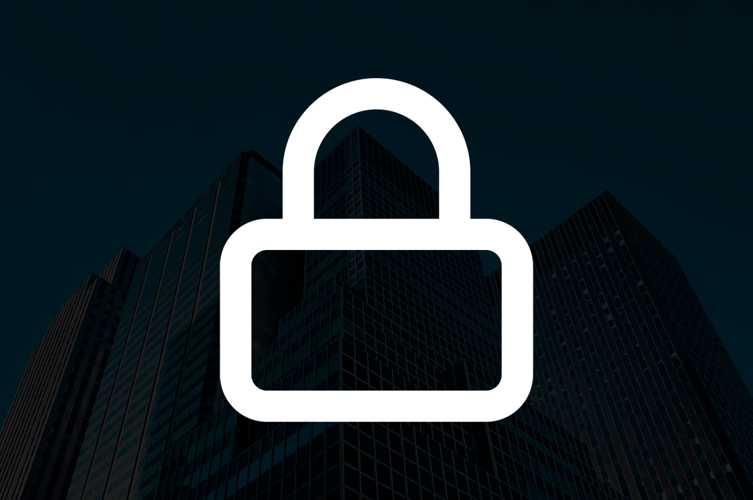 Lock icon overlayed on top of business buildings.